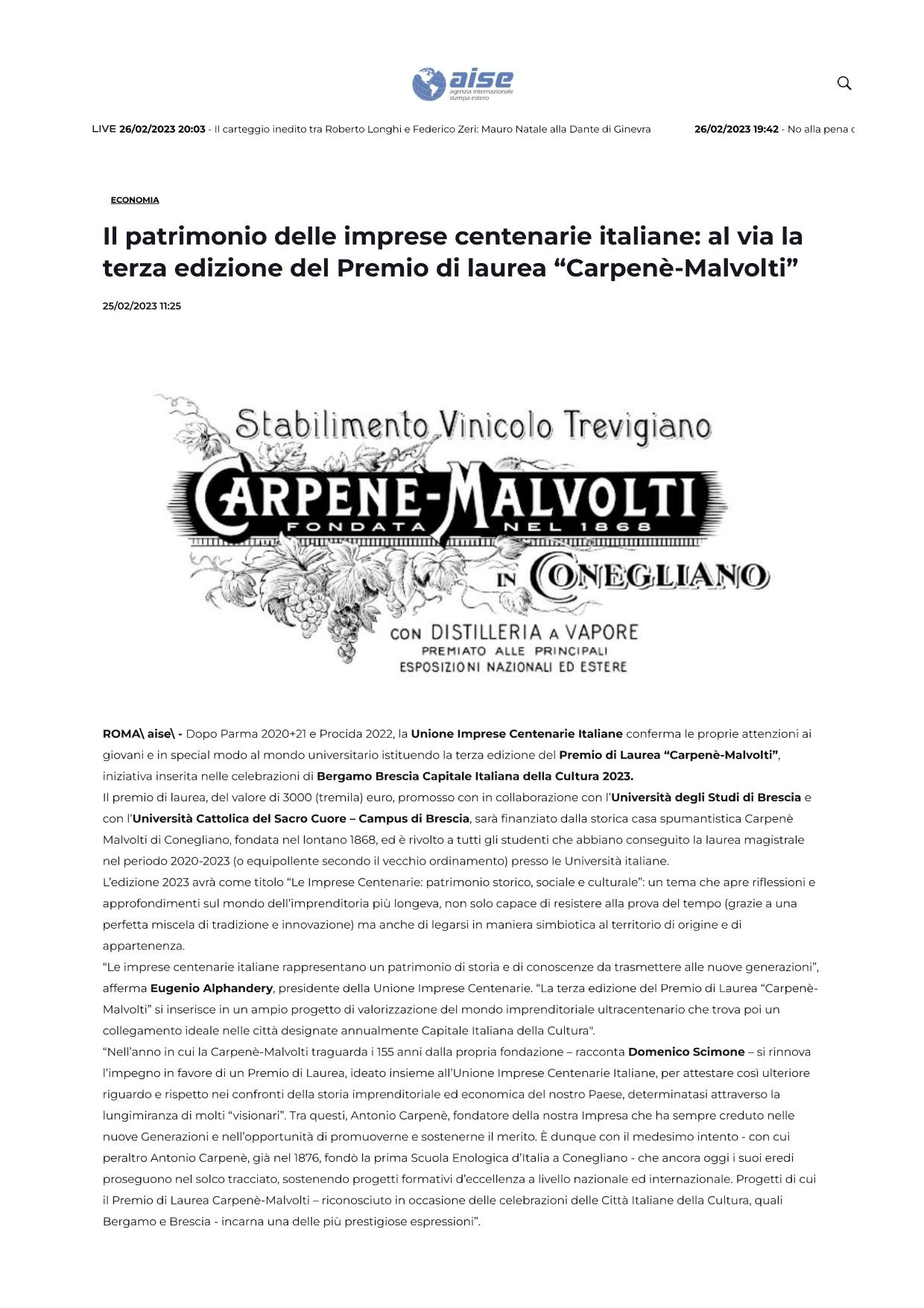 Agenzia Internazionale Stampa Estero Al via il Premio di Laurea Carpenè Malvolti 25 febbraio 2023 page 0001