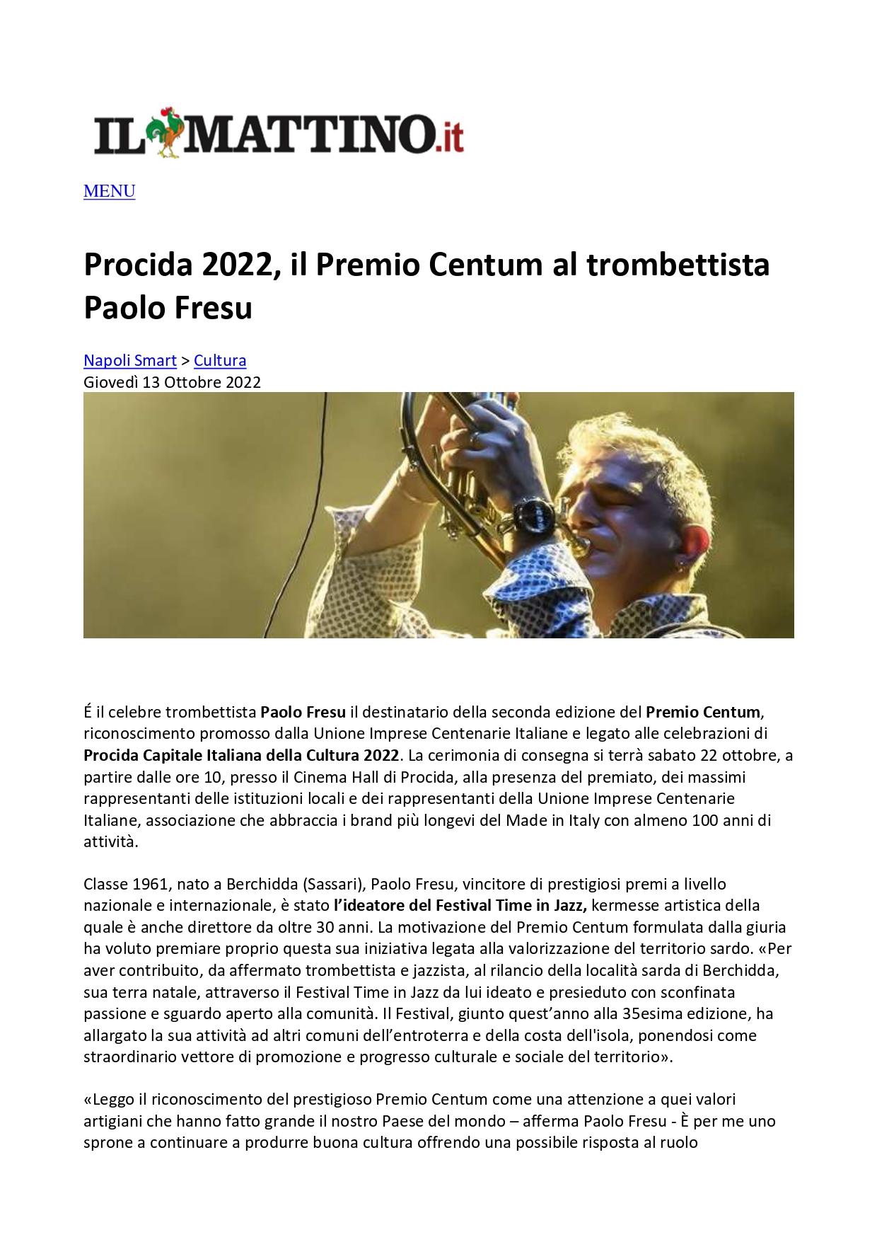 Il Mattino Procida 2022 il Premio Centum al trombettista Paolo Fresu 13 ottobre 2022 page 0001
