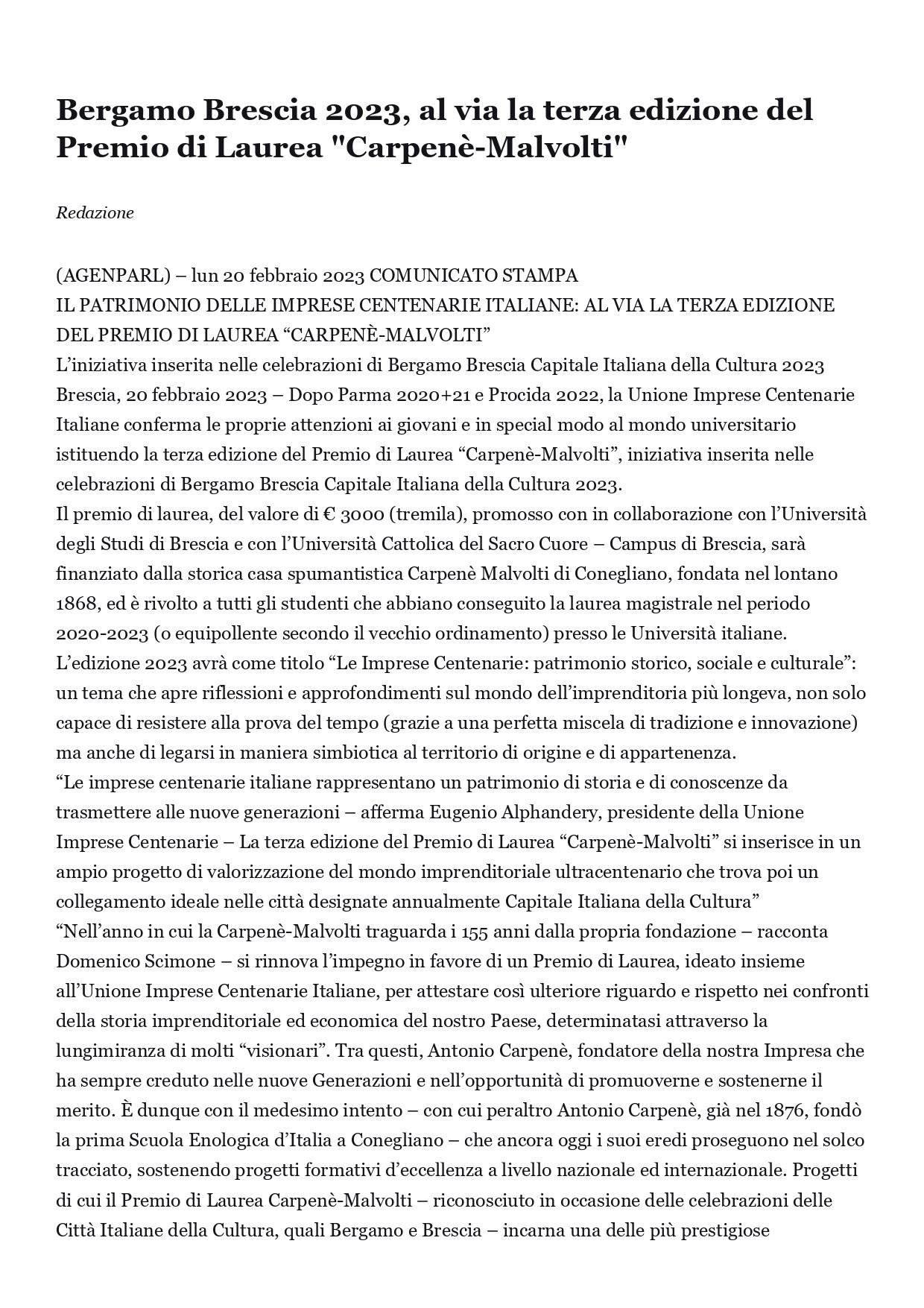 Agenparl Bergamo Brescia 2023 al via la terza edizione del Premio di Laurea Carpenè Malvolti 21 febbraio 2023 page 0001
