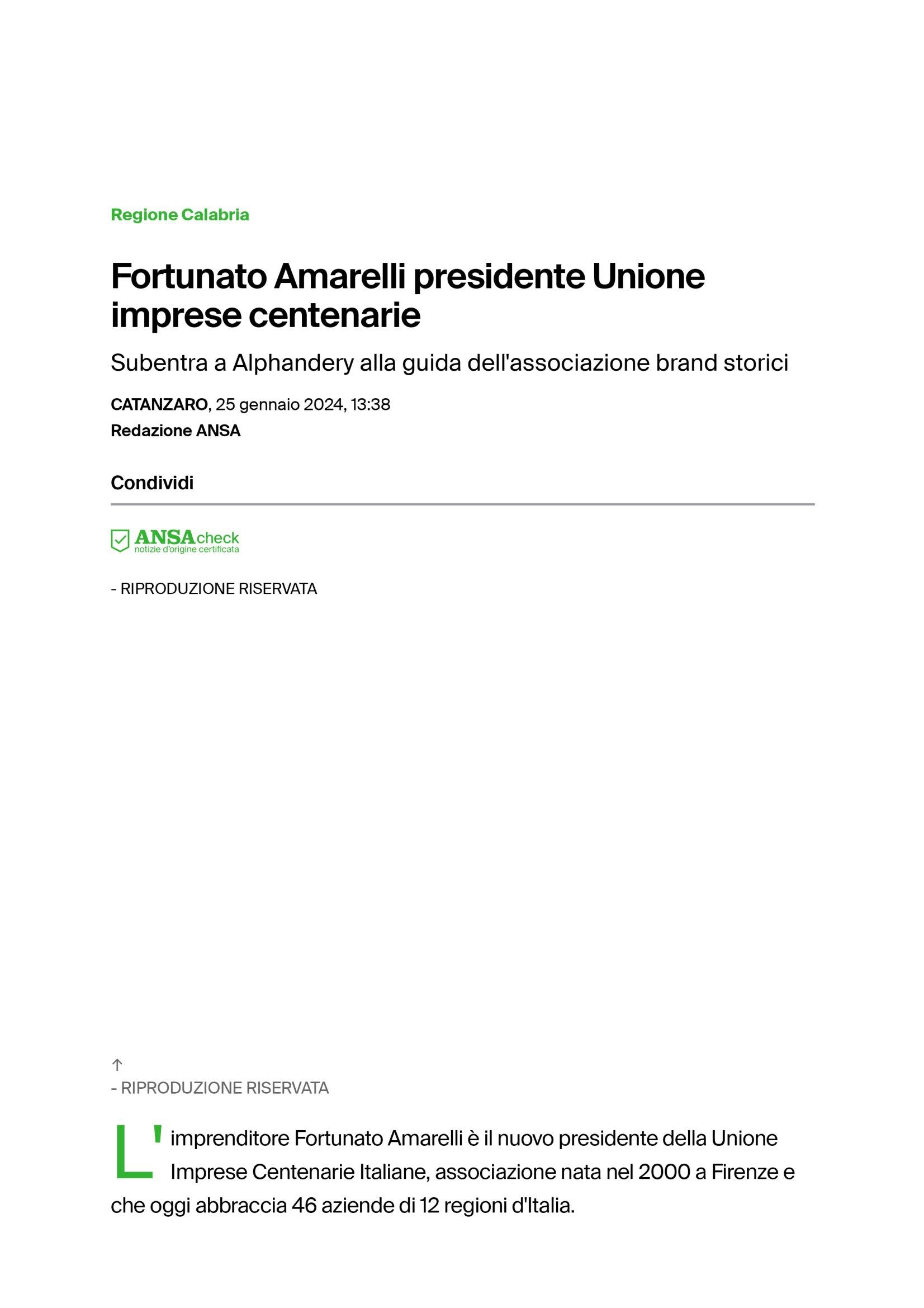 Ansa Fortunato Amarelli presidente Unione Imprese Centenarie 25 gennaio 2024 1