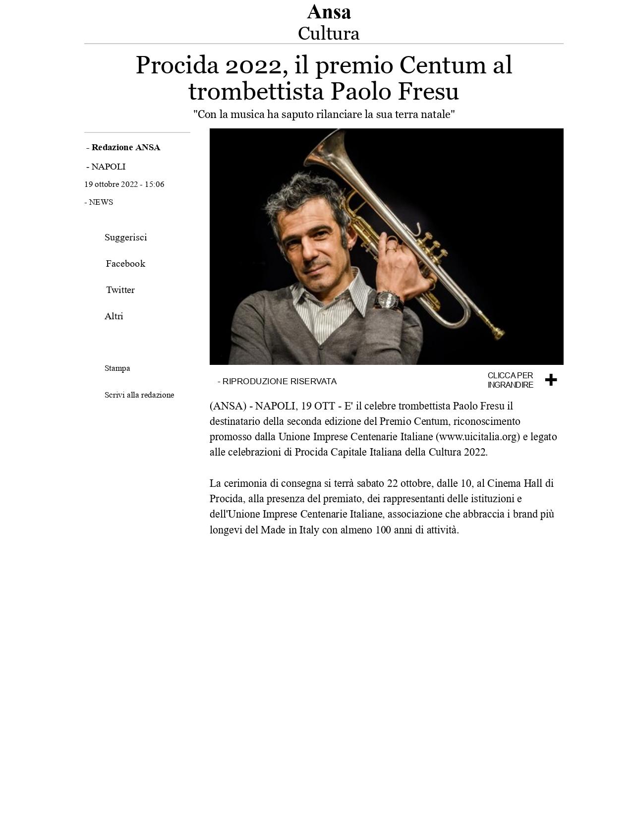 Ansa Procida 2022 il Premio Centum al trombettista Paolo Fresu 19 ottobre 2022 page 0001