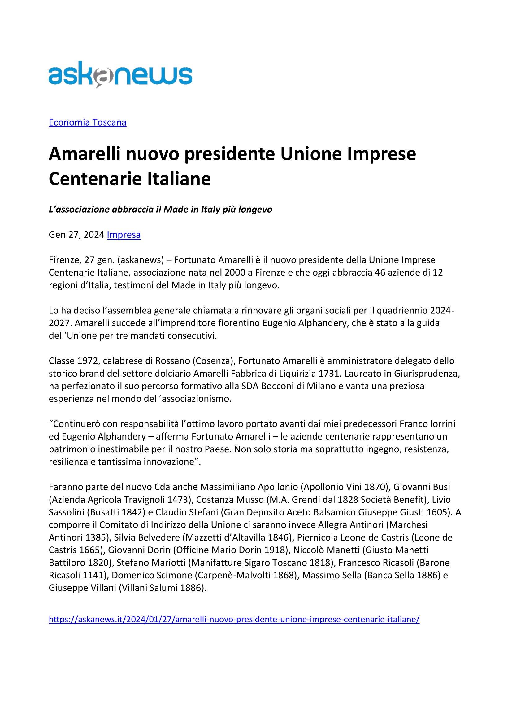 Askanews Amarelli nuovo presidente Unione Imprese Centenarie 27 gennaio 2024
