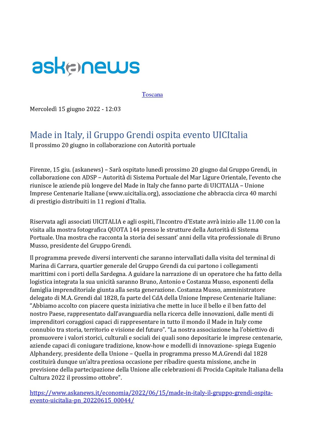 Askanews Made in Italy il Gruppo Grendi ospita evento UICITALIA 15 giugno 2022 page 0001