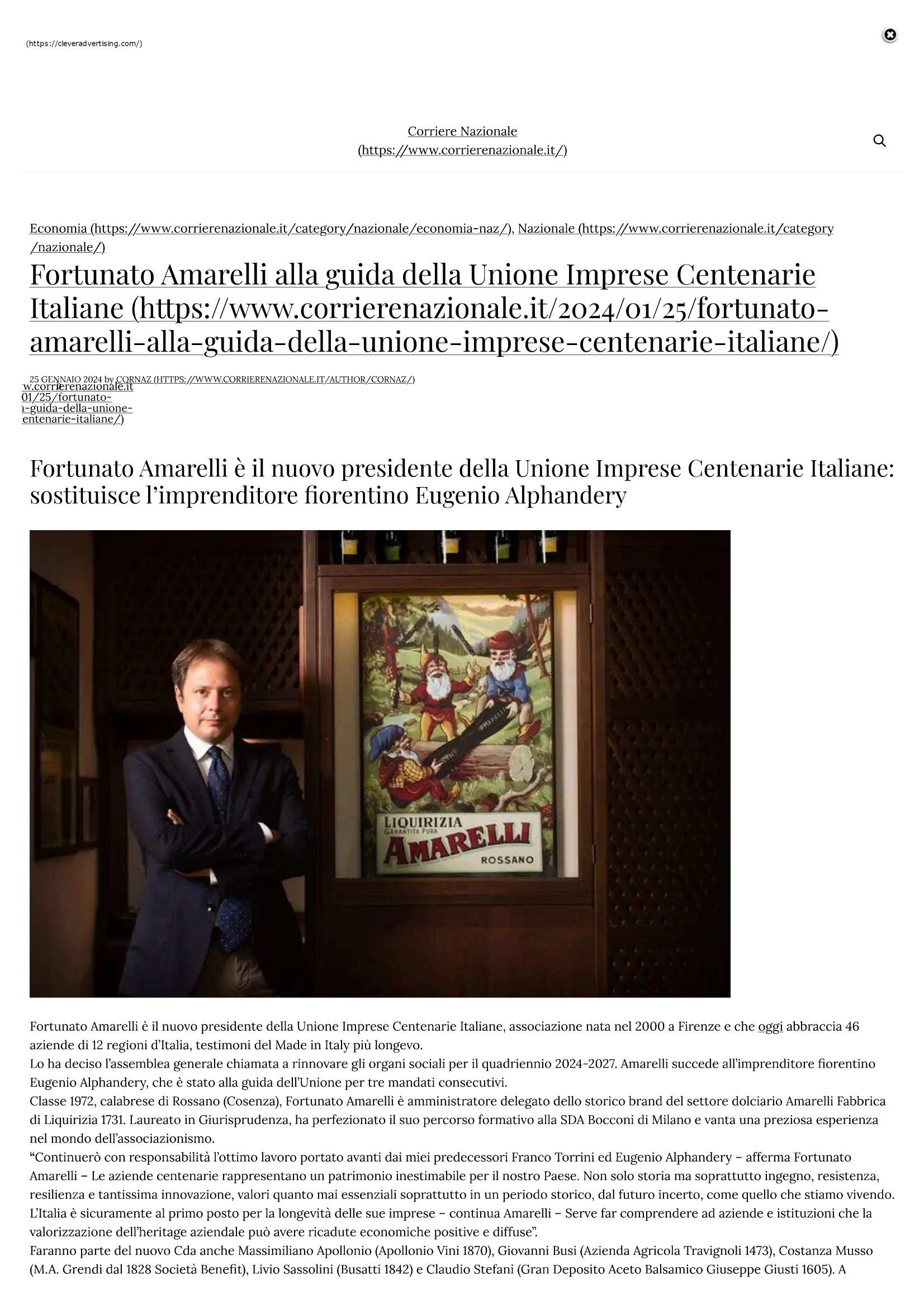 Corriere Nazionale Fortunato Amarelli alla guida della Unione Imprese Centenarie Italiane 25 gennaio 2024 1