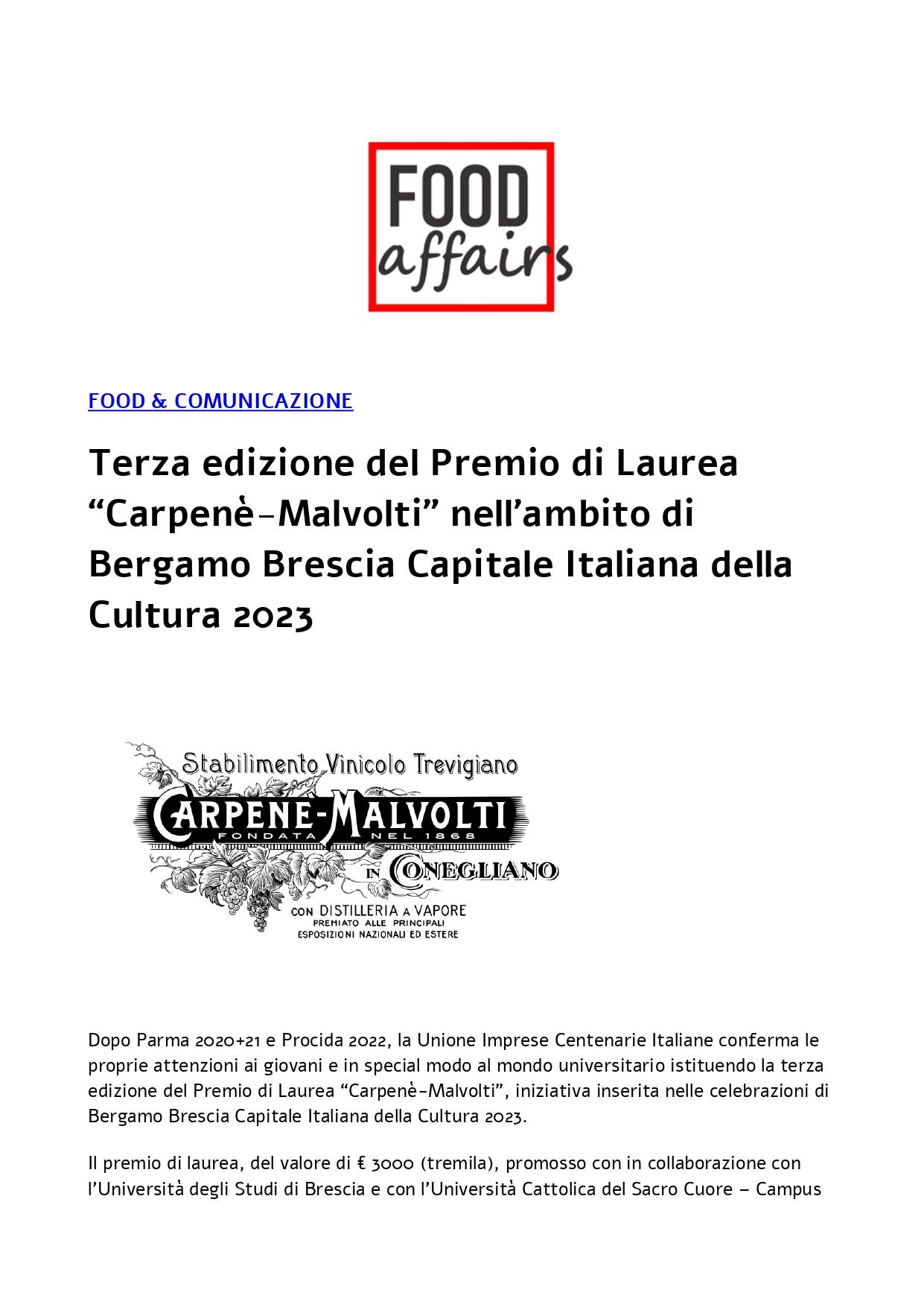 Food Affairs Terza edizione del Premio di Laurea Carpenè Malvolti 20 febbraio 2023 page 0001