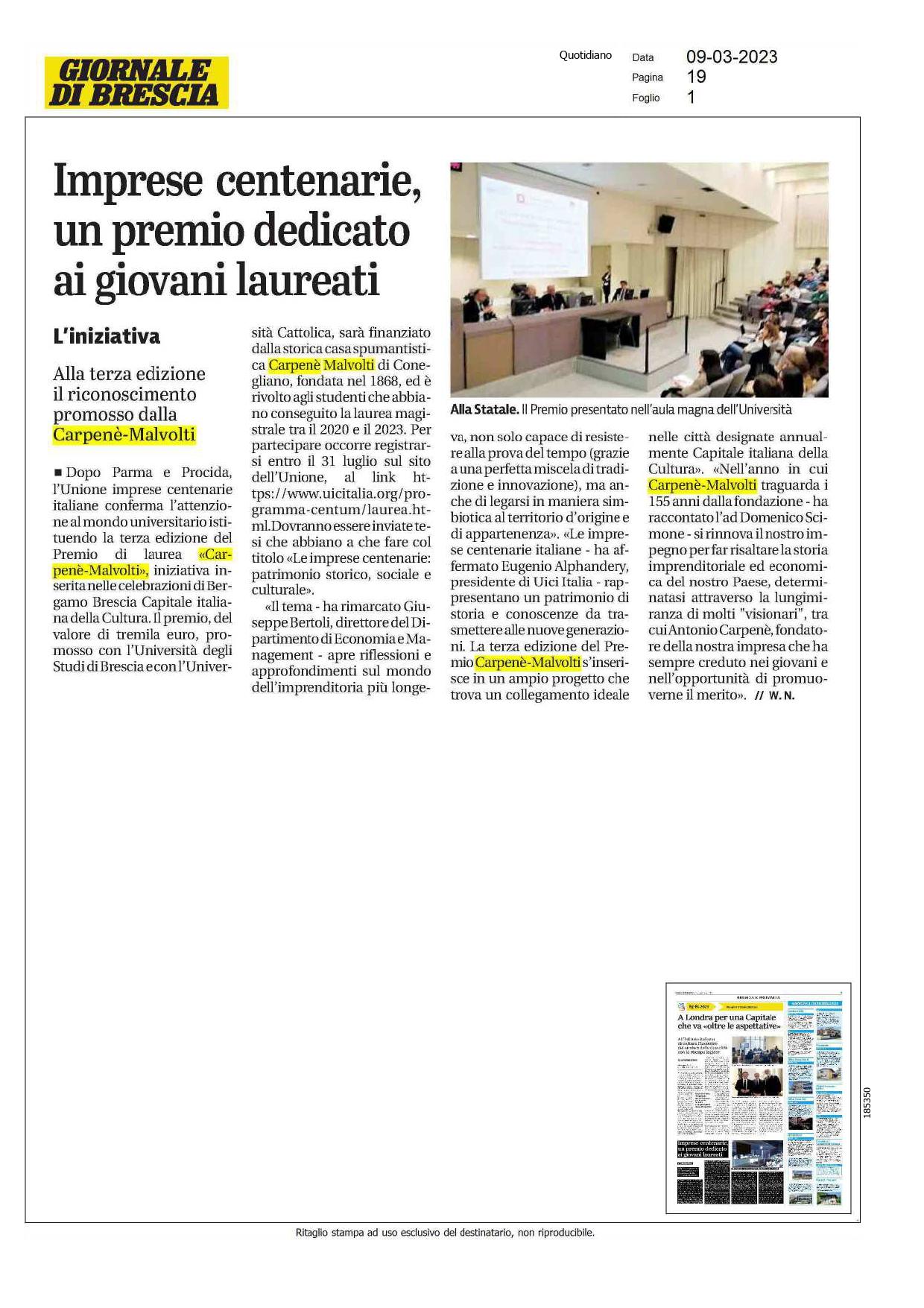 Giornale di Brescia Imprese centenarie un premio dedicato ai giovani studenti 9 marzo 2023 page 0001