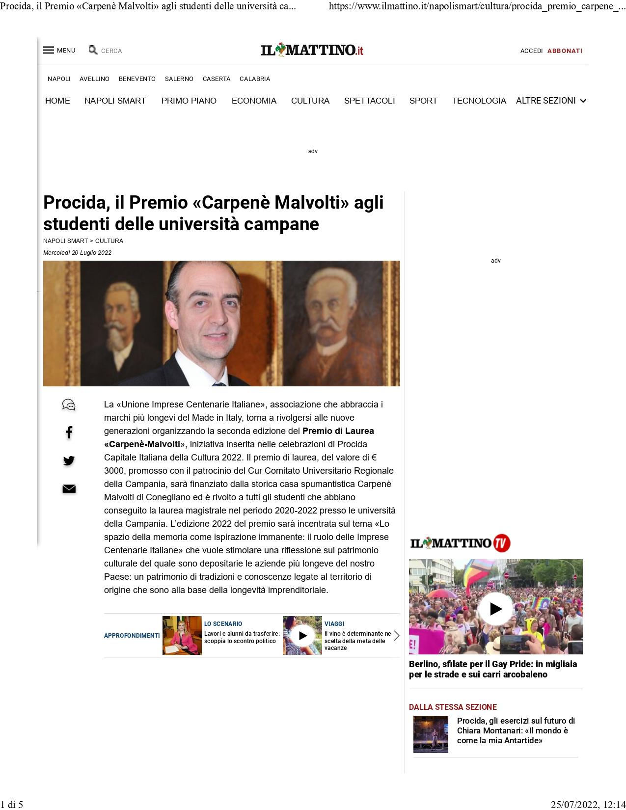 Il Mattino Procida il Premio Carpenè Malvolti agli studenti delle università campane 20 luglio 2022 1 page 0001