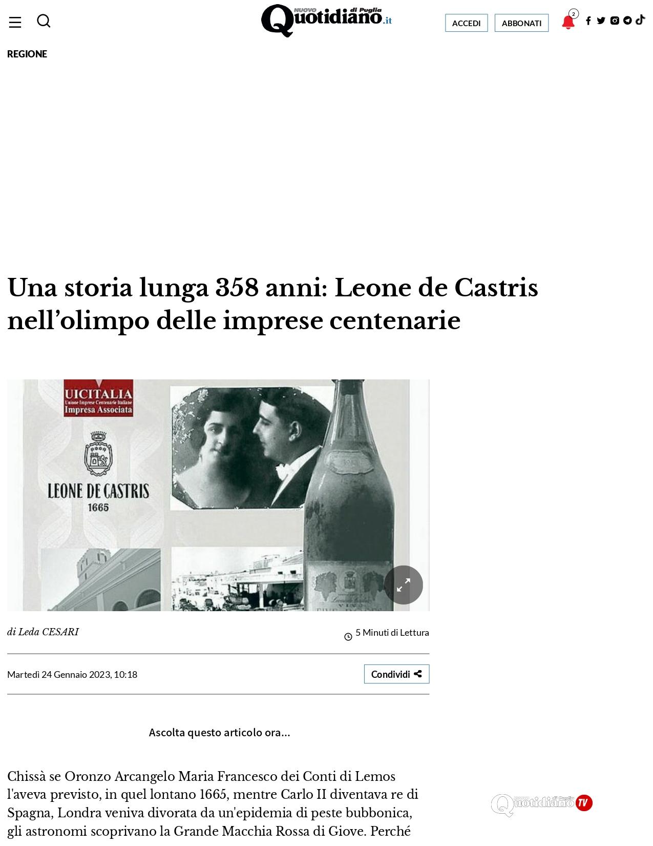 Il Nuovo Quotidiano di Puglia Una storia lunga 358 anni Leone de Castris nellolimpo delle imprese centenarie 24 febbraio 2022 1 page 0001