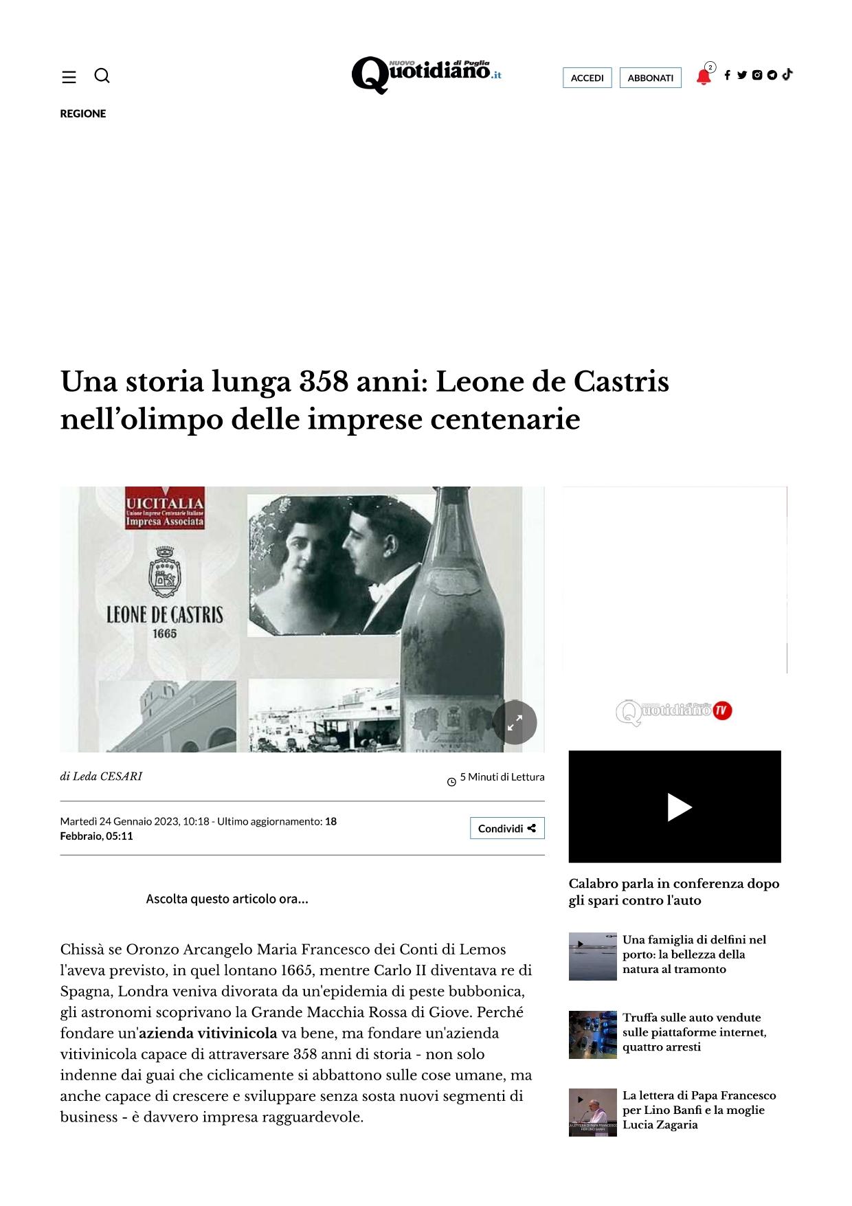 Il Quotidiano di Puglia Leone de Castris nellolimpo delle imprese centenarie 14 gennaio 2023 page 0001
