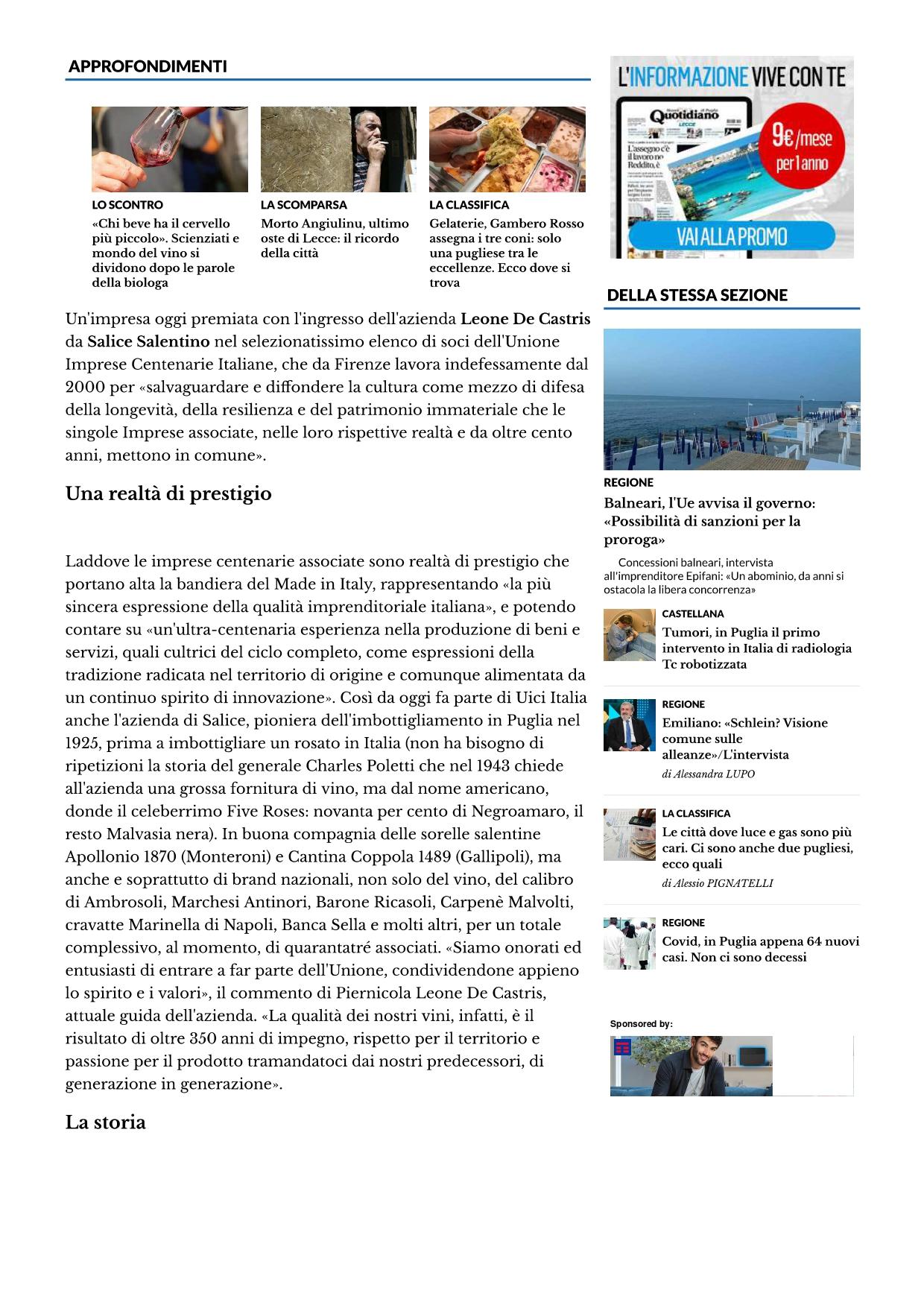 Il Quotidiano di Puglia Leone de Castris nellolimpo delle imprese centenarie 14 gennaio 2023 page 0002