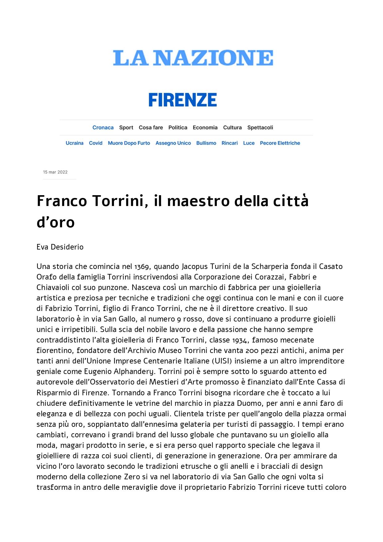 La Nazione Franco Torrini il maestro della città doro 15 marzo 2022 page 0001