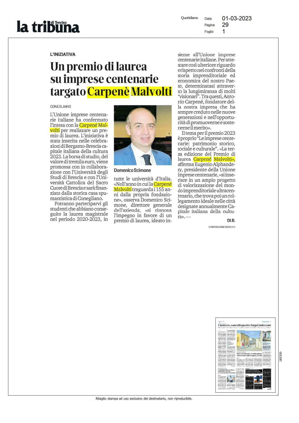 La Tribuna di Treviso Un premio di laurea sulla imprese centenarie targato Carpenè Malvolti page 0001 1