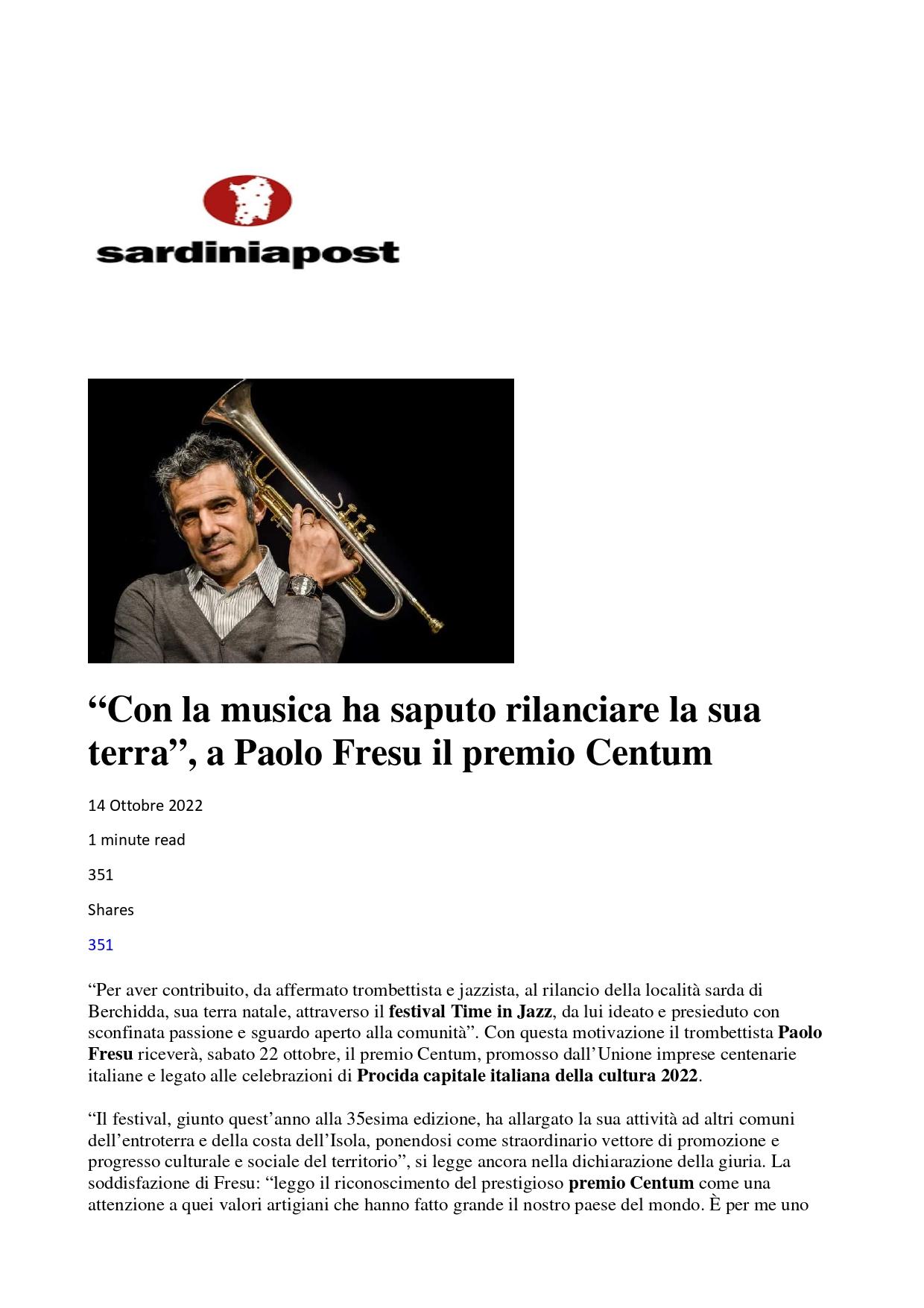 Sardinia Post Con la musica ha saputo rilanciare la sua terra il premio Centum a Paolo Fresu 14 ottobre 2022 page 0001