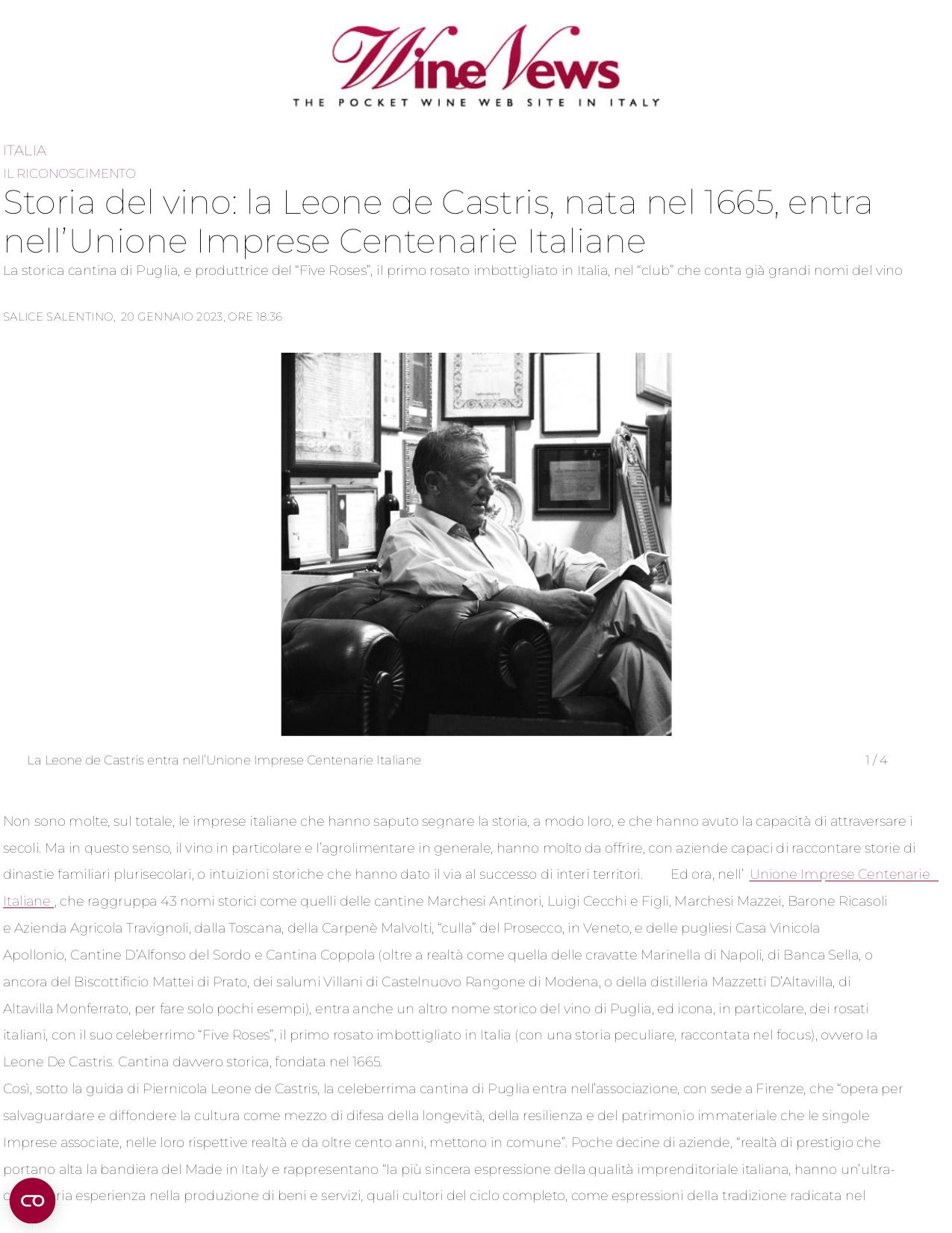 Winenews La Leone de Castris nata nel 1665 entra nellUnione Imprese Centenarie Italiane 20 gennaio 2022 page 0001