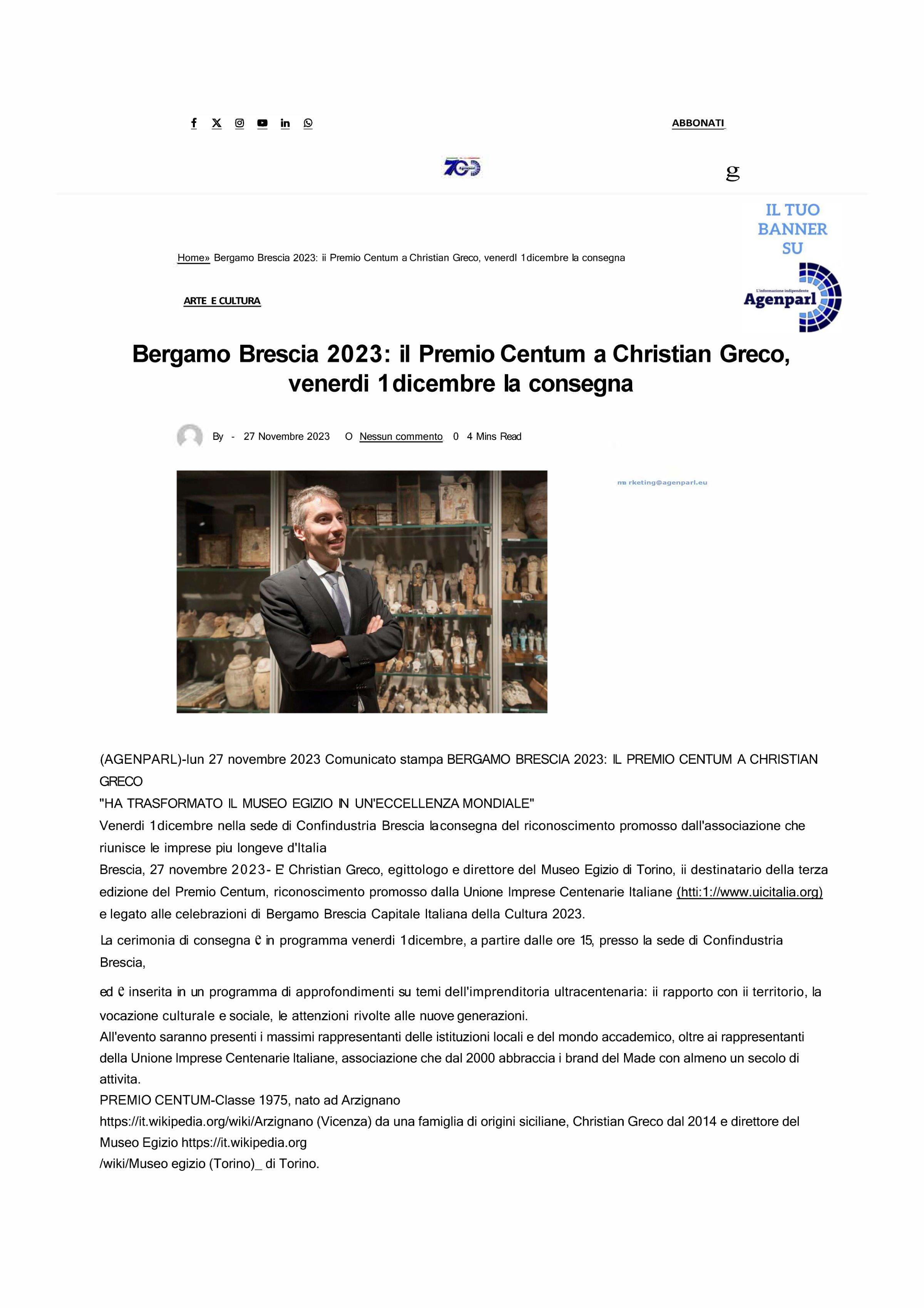 Agenparl Bergamo Brescia 2023 il Premio Centum a Christian Greco 27 novembre 2023 Pagina 1 1