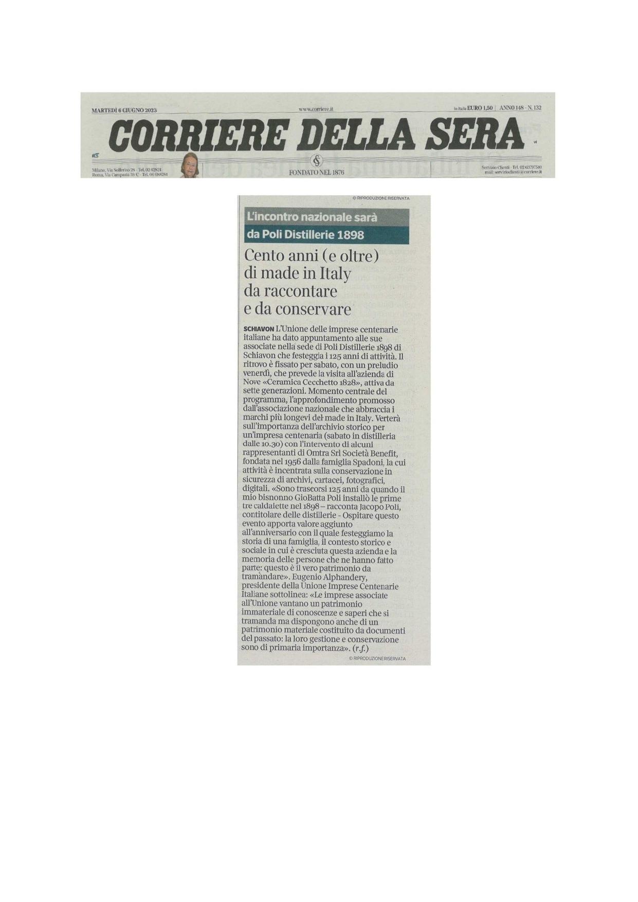 Corriere della Sera Veneto Cento anni e oltre di made in Italy da raccontare e conservare 6 giugno 2023 page 0001