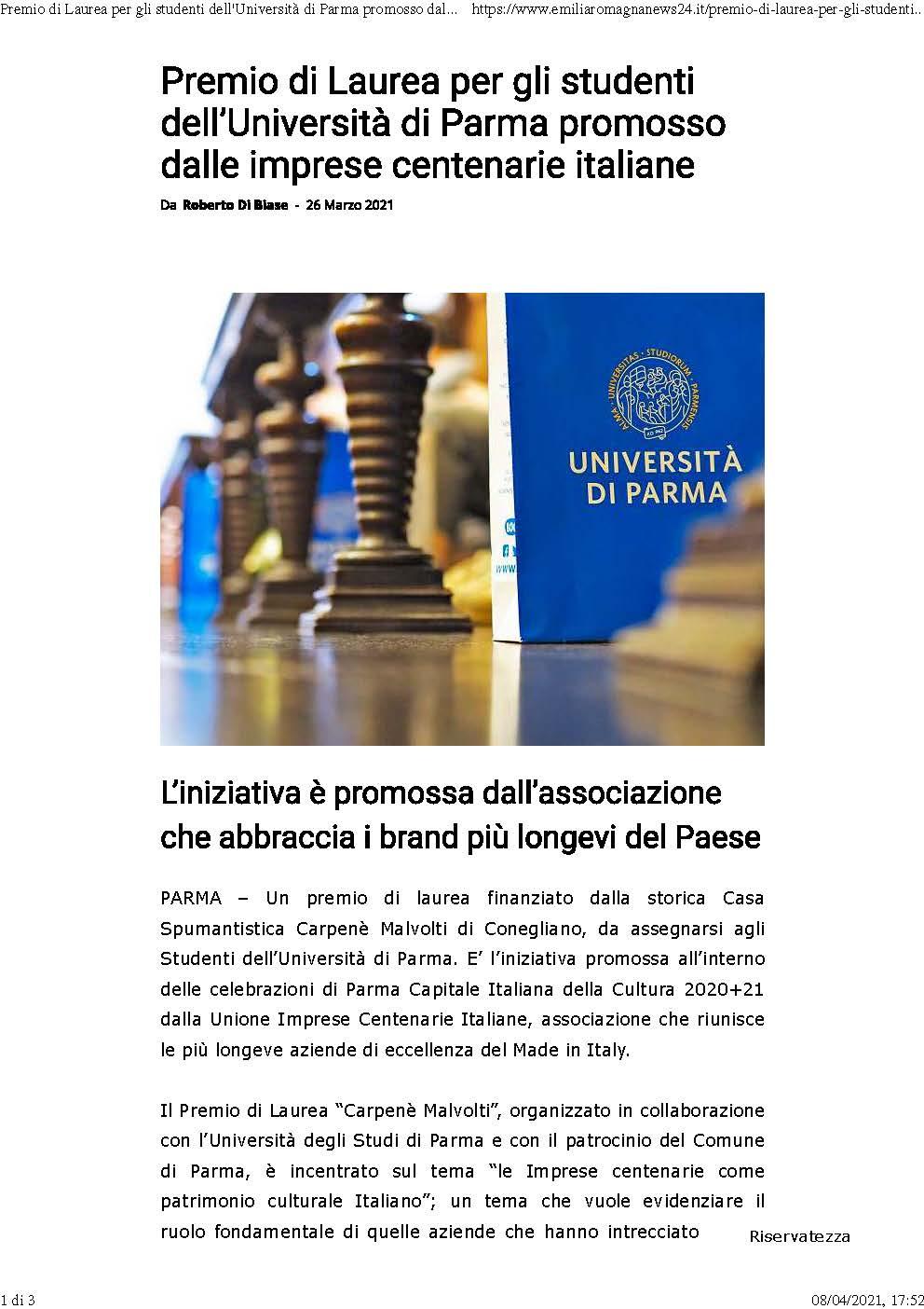 Emilia Romagna News 24 Premio di Laurea per gli studenti dellUniversità di Parma 26 marzo 2021 Pagina 1