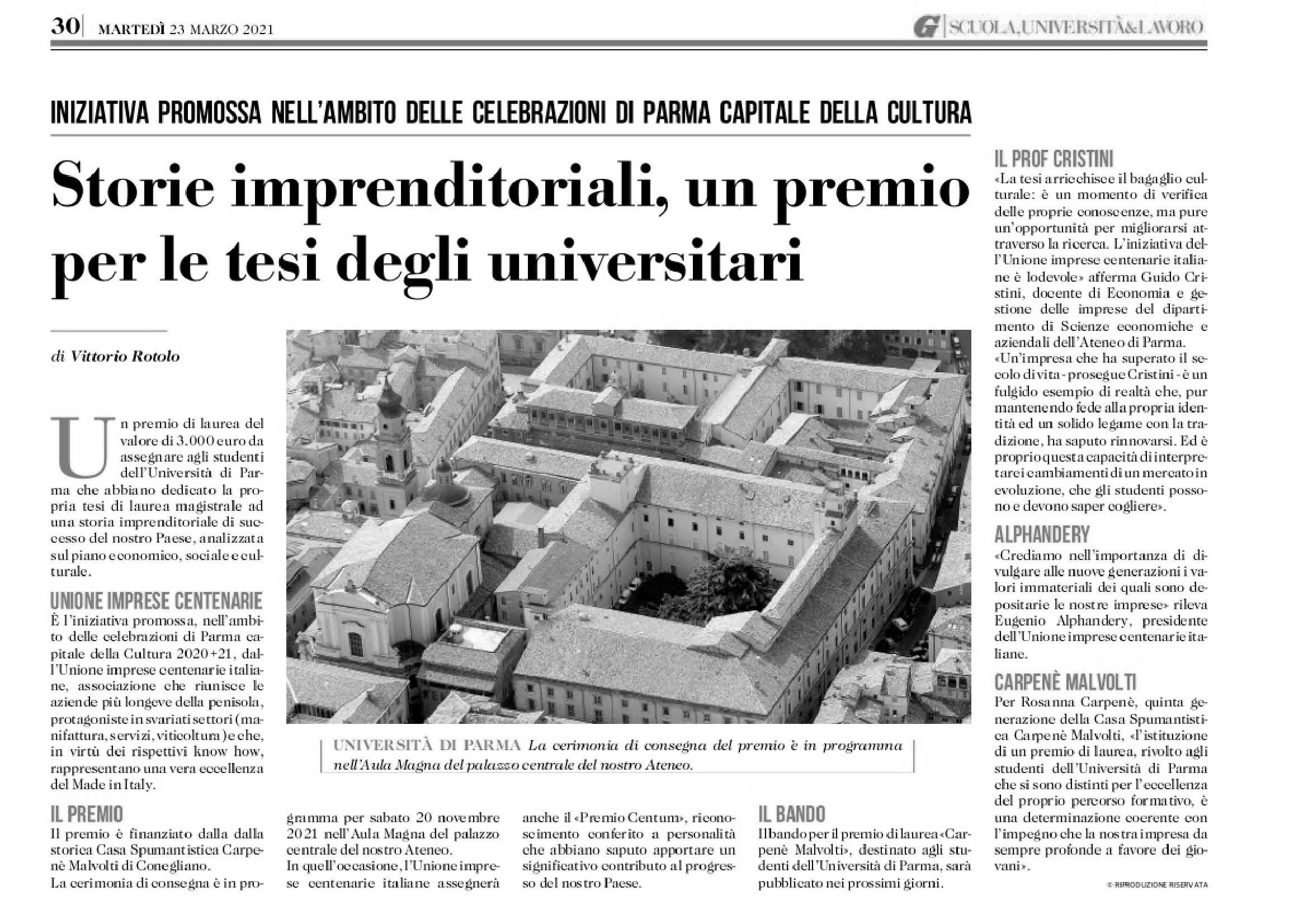 Gazzetta di Parma Storie imprenditoriali un premio per le tesi degli universitari 23 marzo 2021