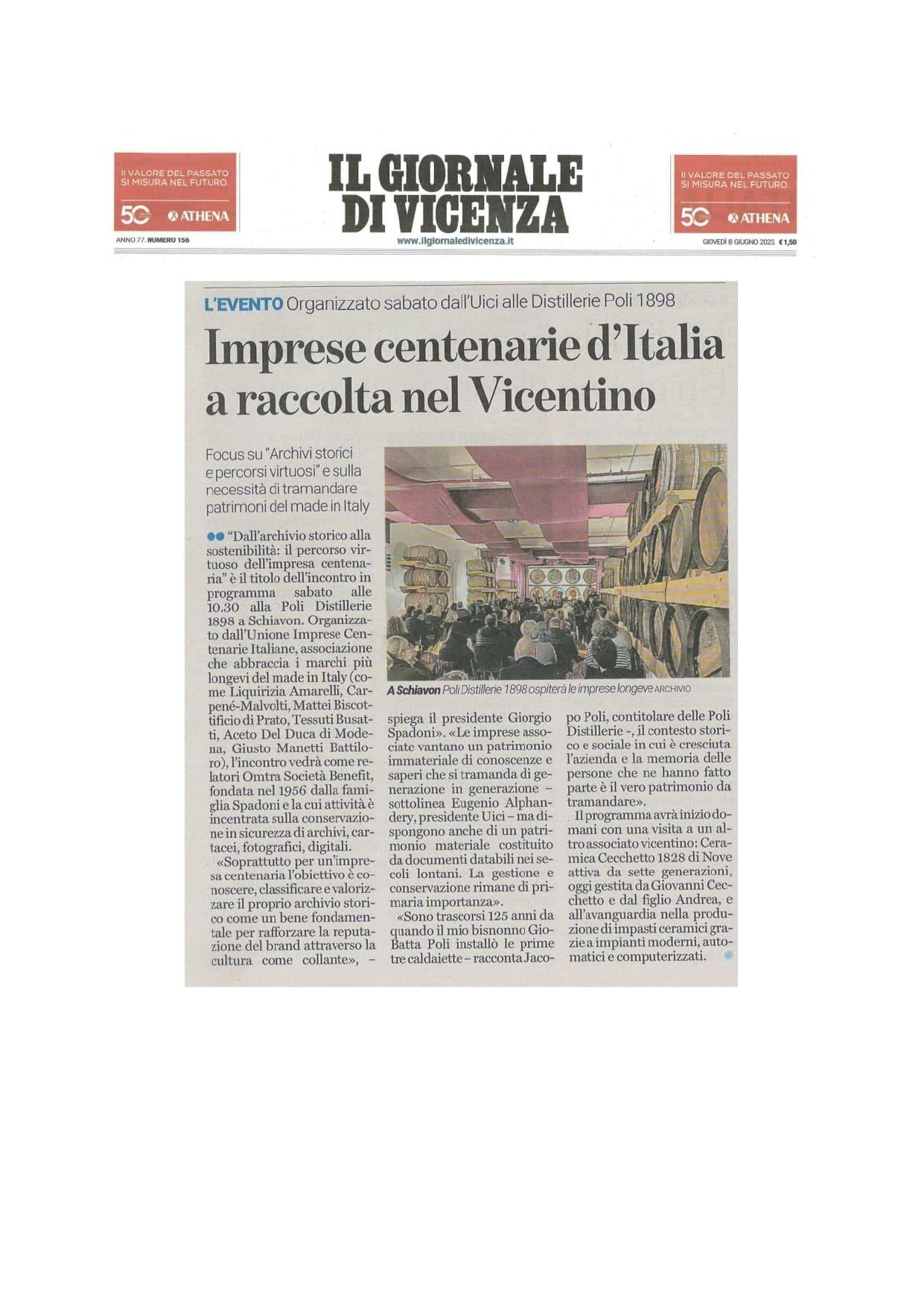 Il Giornale di Vicenza Imprese centenarie d Italia a raccolta nel Vicentino 8 giugno 2023 page 0001