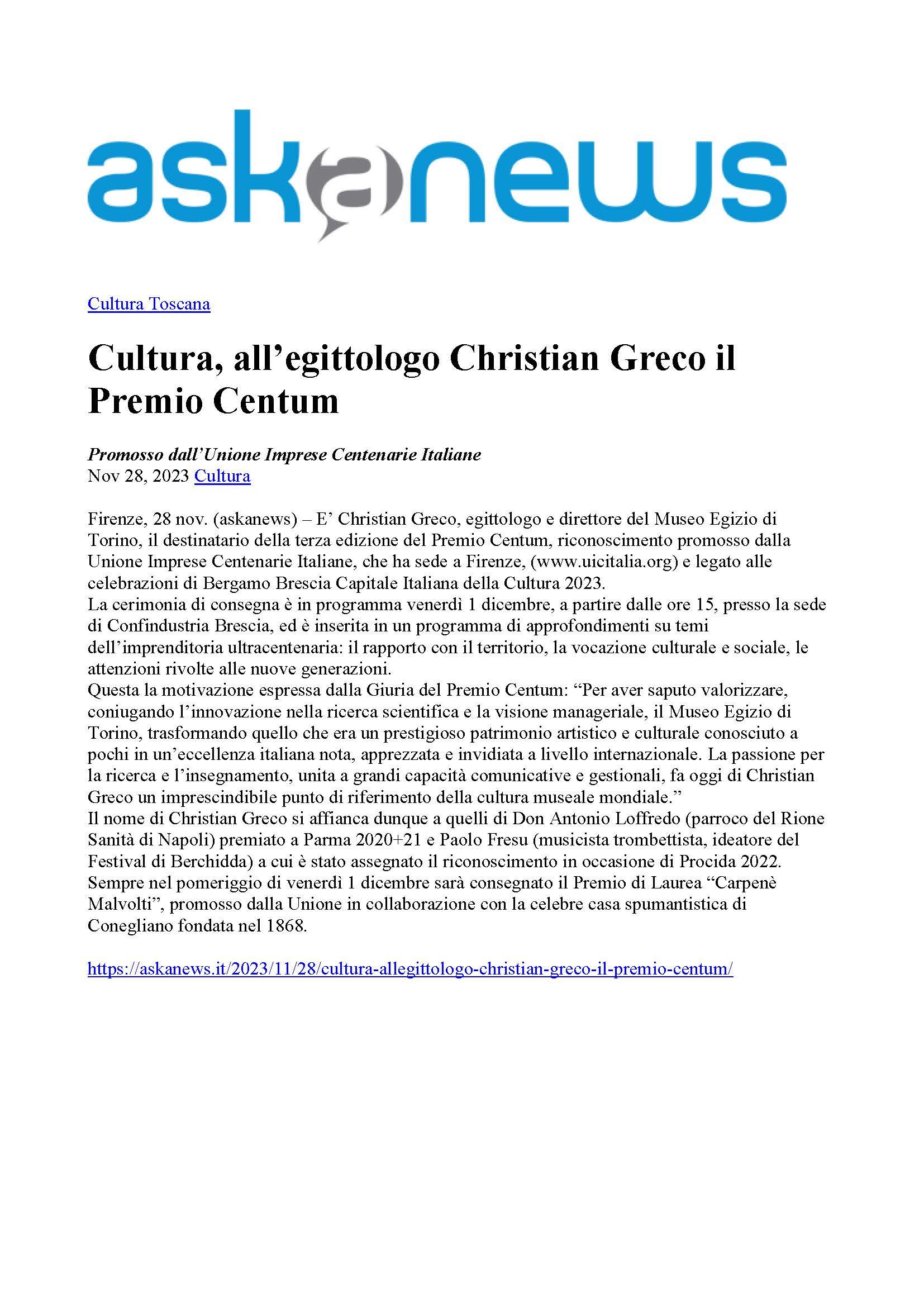 Askanews Cultura all egittologo Christian Greco il Premio Centum 28 novembre 2023